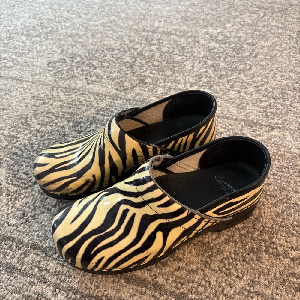 Dansko Zebra Print Mules in Black and Cream